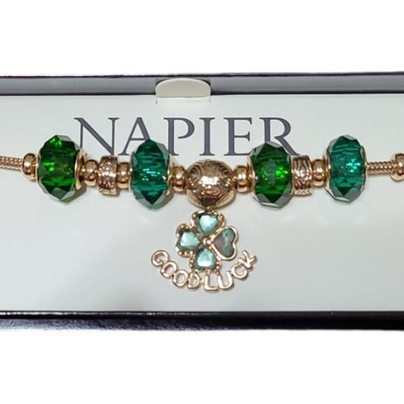 Napier Good Luck Charm Bracelet 7.5 in Green Four Leaf Clover St Patricks Day - Picture 4 of 5